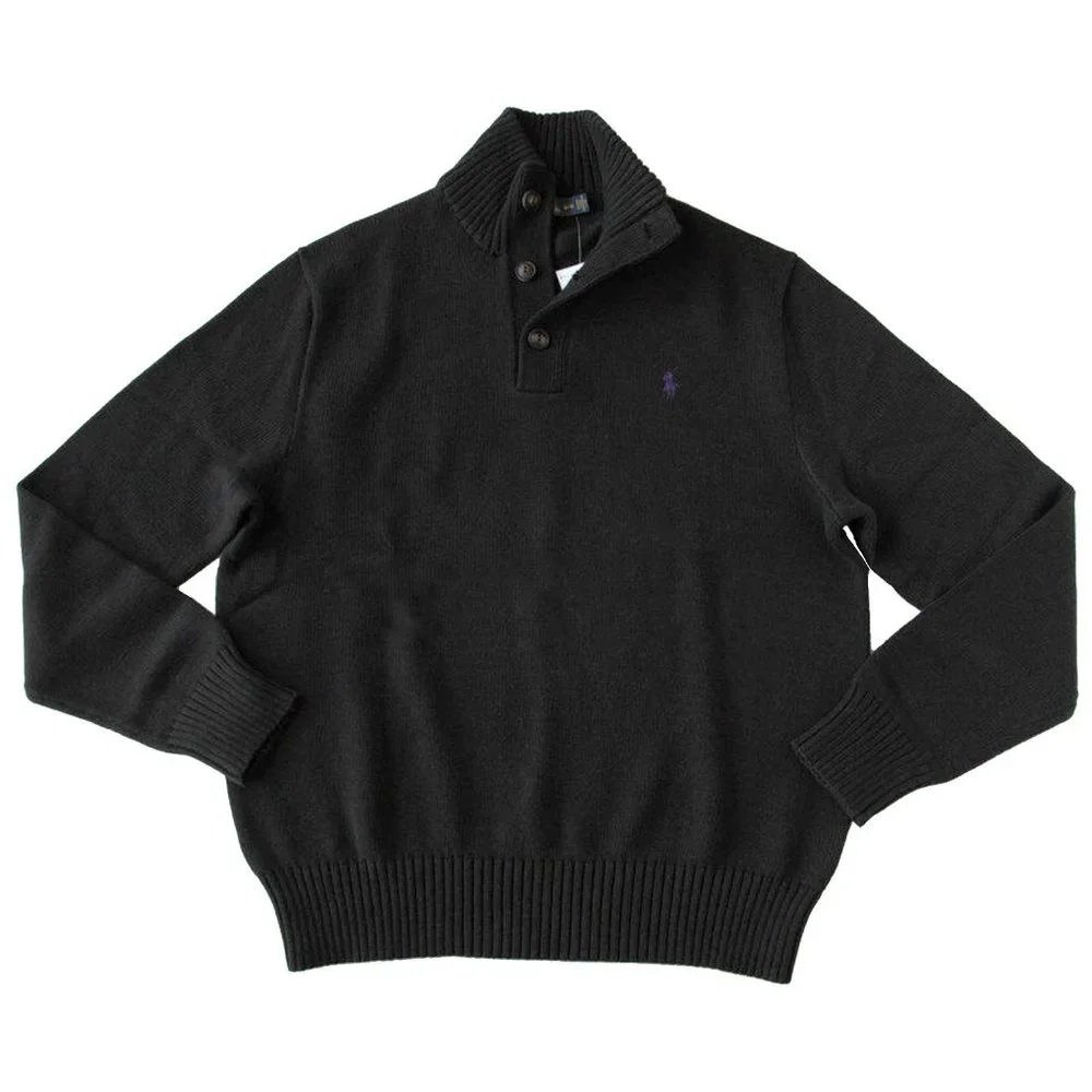 NEW Polo Ralph Lauren Mens Button Mockneck Sweater!  Black  Purple Polo Player
